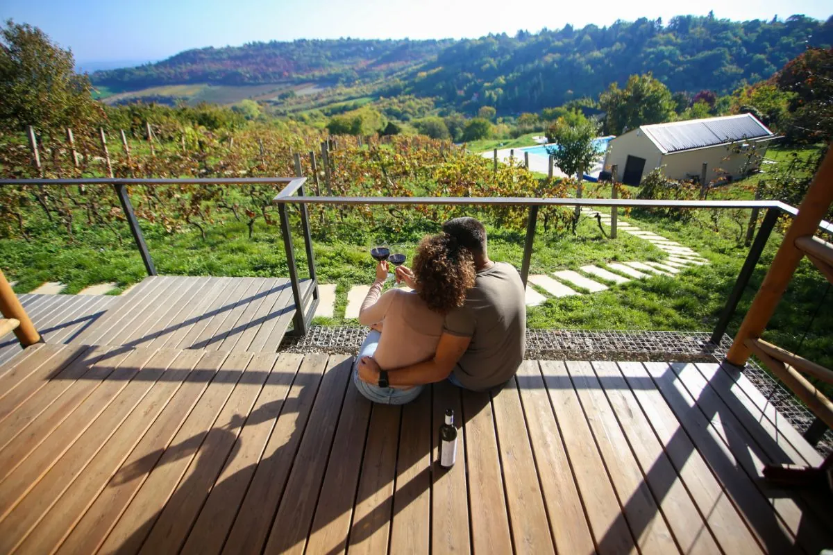 young couple on a deck