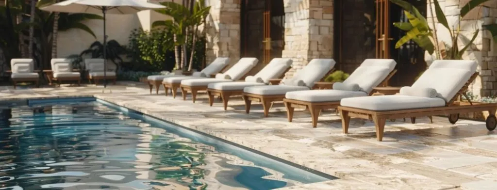 a luxurious swimming pool area with elegant stone pavers and lounge chairs