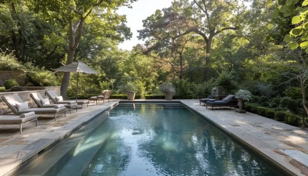 a luxurious swimming pool area with sleek, stone decking and stylish lounge chairs overlooking a serene backyard oasis