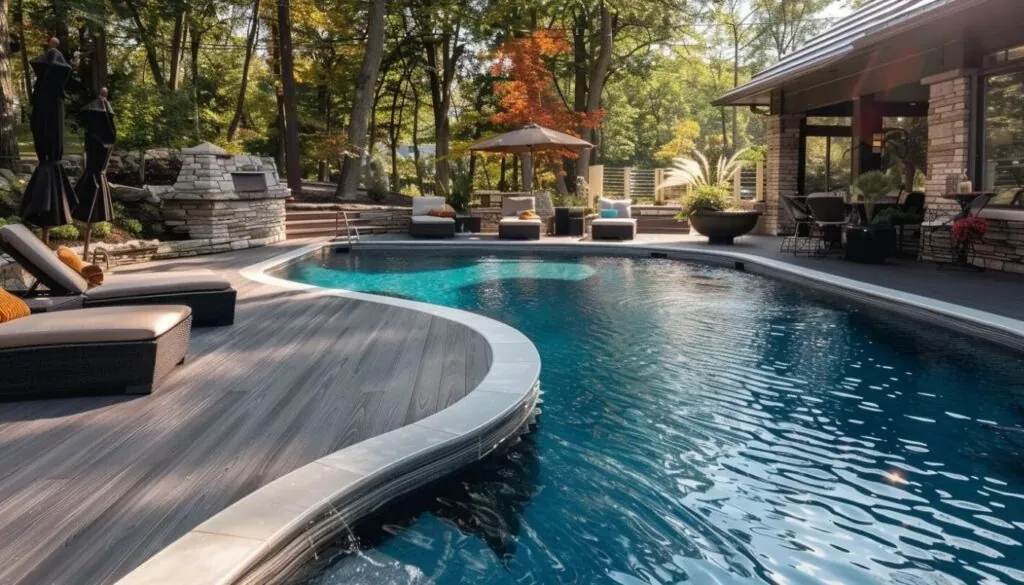 an outdoor swimming pool surrounded by wood decking 