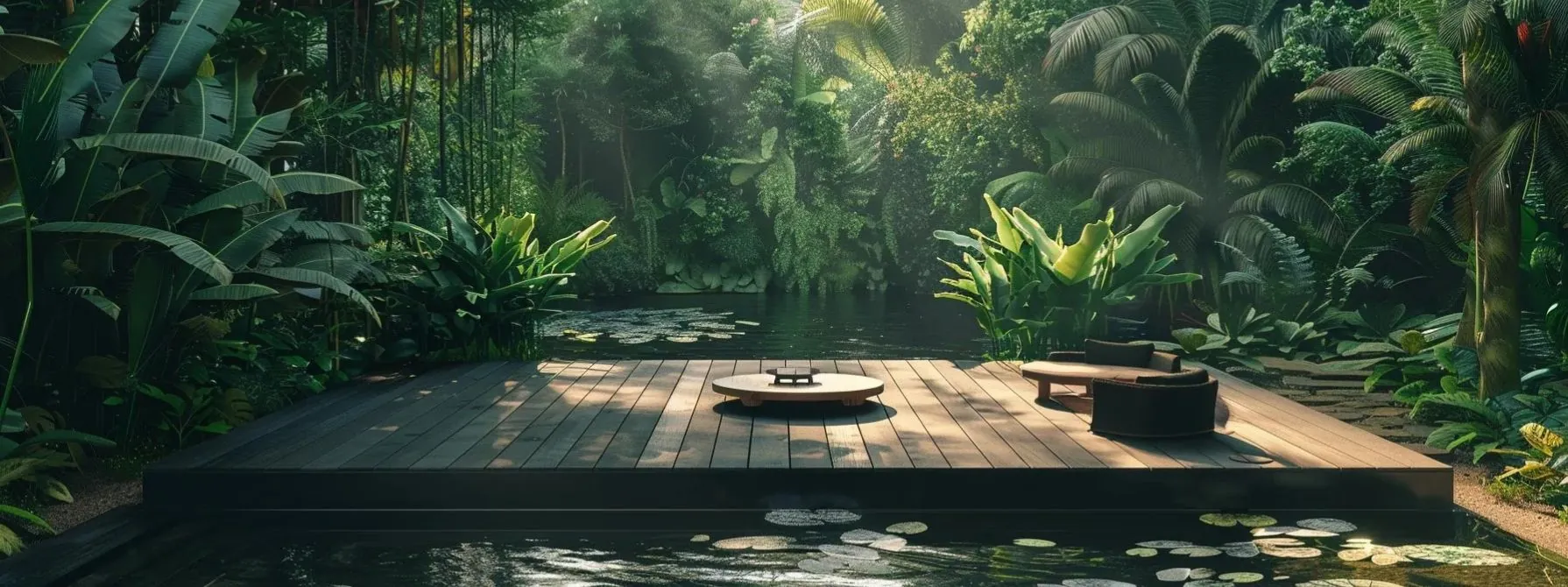 a minimalist floating deck surrounded by lush greenery and modern outdoor furniture