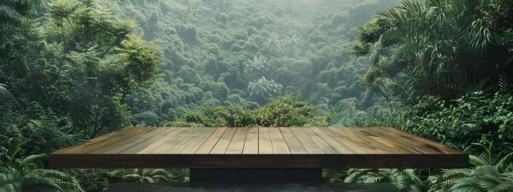 wooden platform surrounded by lush greenery, perfectly aligned with the natural landscape