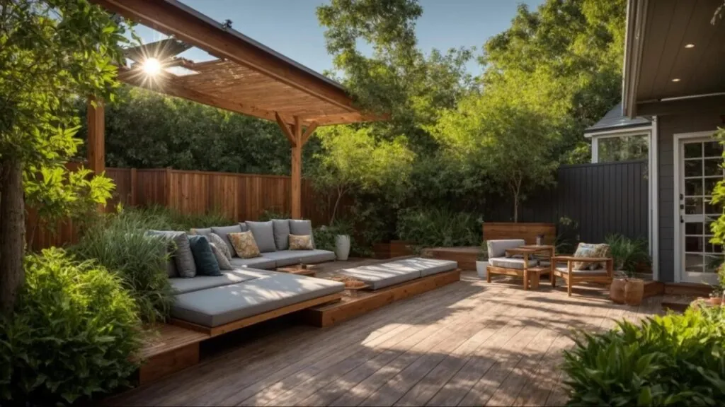 a sunlit backyard features a beautifully constructed 14x20 deck adorned with vibrant outdoor furniture, surrounded by lush greenery and a clear blue sky, emphasizing the allure of outdoor living.